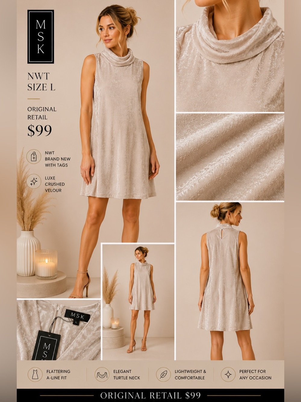 MSK Sleeveless Crushed Velour Cowl Neck Mini Dress in Beige Taupe